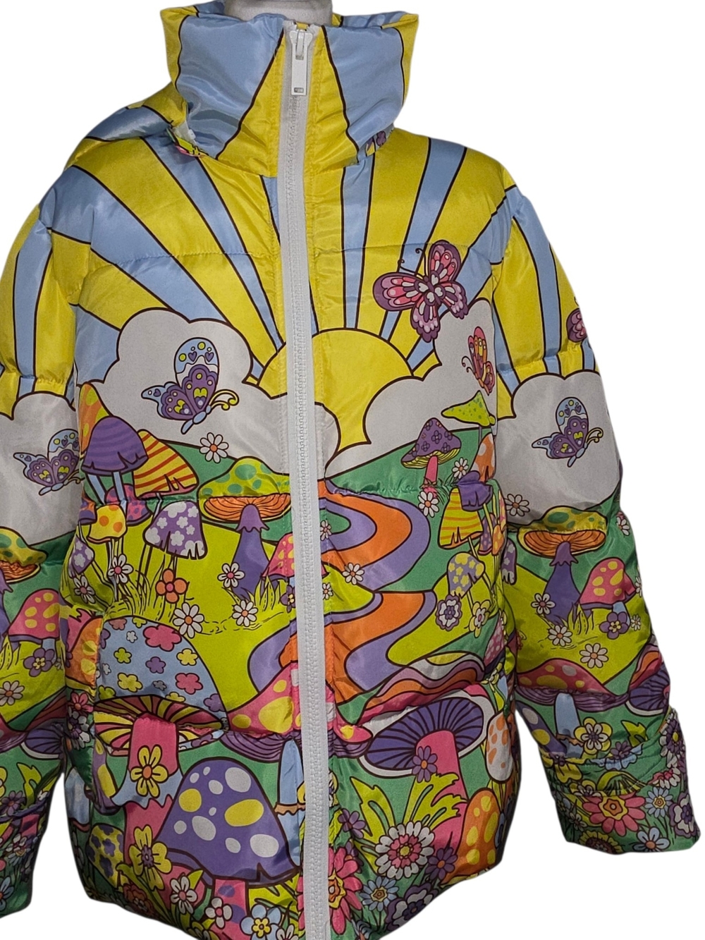 Current Mood x Dolls Kill Trippy Mushroom Puffer Jacket Hooded Oversized Coat M